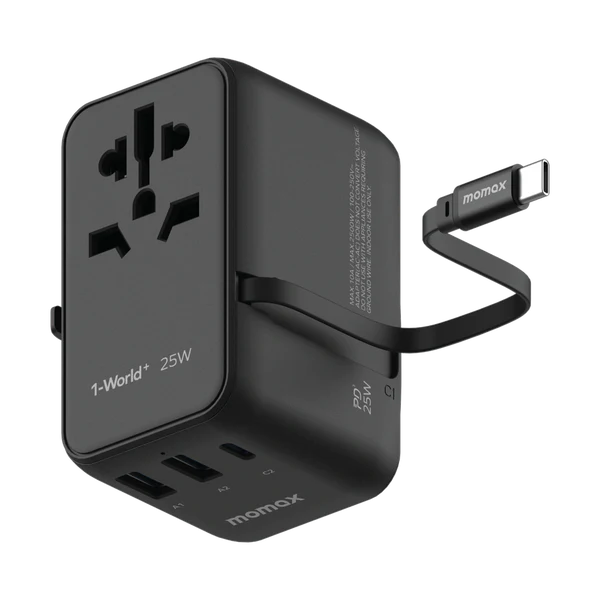 MOMAX 1-WORLD 25W 3 PORT WITH BUILT-IN USB-C CABLE AC TRAVEL ADAPTOR