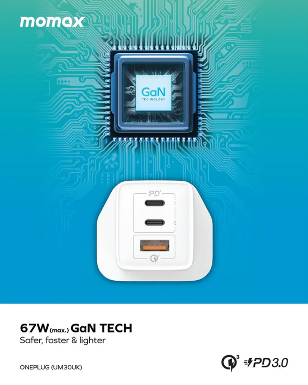 MOMAX ONEPLUG 67W 3 PORT GAN WALL CHARGER