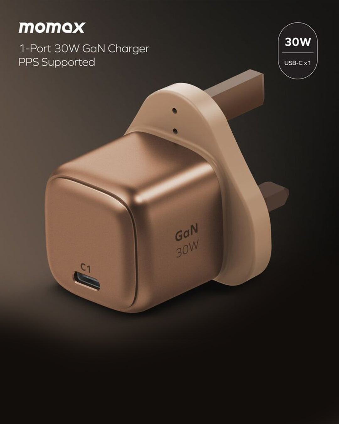 MOMAX 1-CHARGE GAN 30W 1 PORT CHARGER + 60W USB-C TO USB-C MAGNETIC CABLE 1M