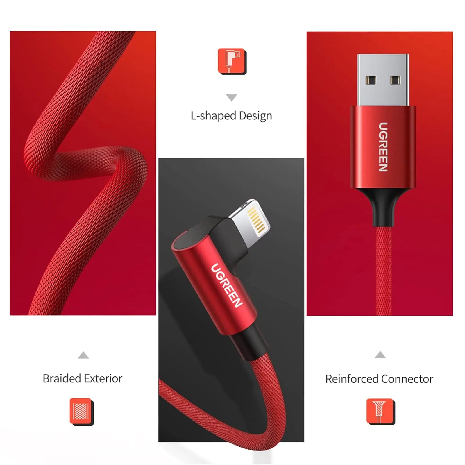 UGREEN USB A to Lightning Braided Cable with Aluminum Shell M/M, Nickel Plated Connector, red, 1m aleemaz.com
