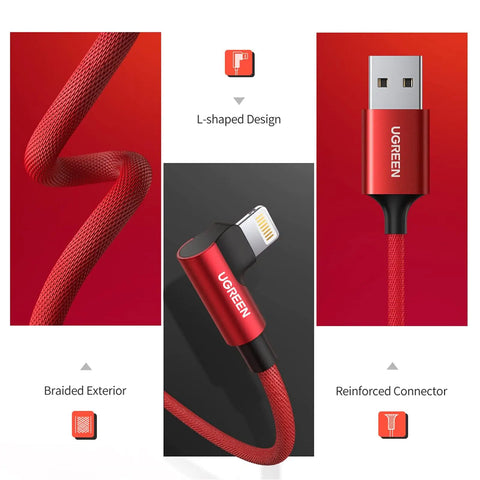 UGREEN USB A to Lightning Braided Cable with Aluminum Shell M/M, Nickel Plated Connector, red, 1m aleemaz.com
